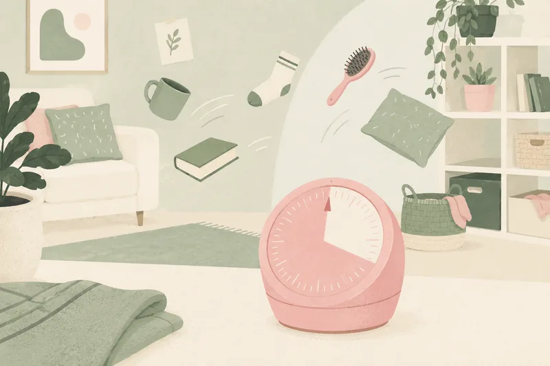 A pink kitchen timer mid-tick in the foreground, with household objects lifted mid-air behind it as a room is tidied quickly.