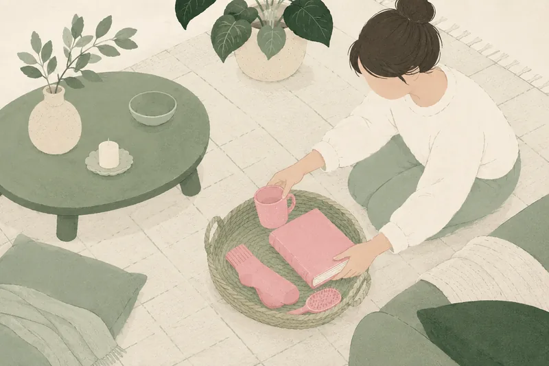 Hands gathering pink-coloured household objects — a mug, a book, a sock, a hairbrush — into a woven basket, while everything else in the room stays muted green.