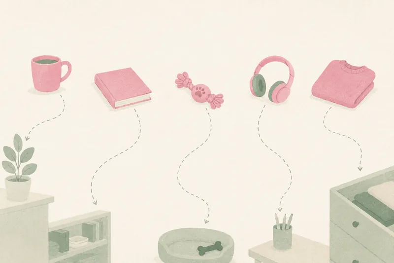 Five everyday objects — a mug, a book, a dog toy, headphones and a folded jumper — each with a dotted line curving toward the place it belongs.