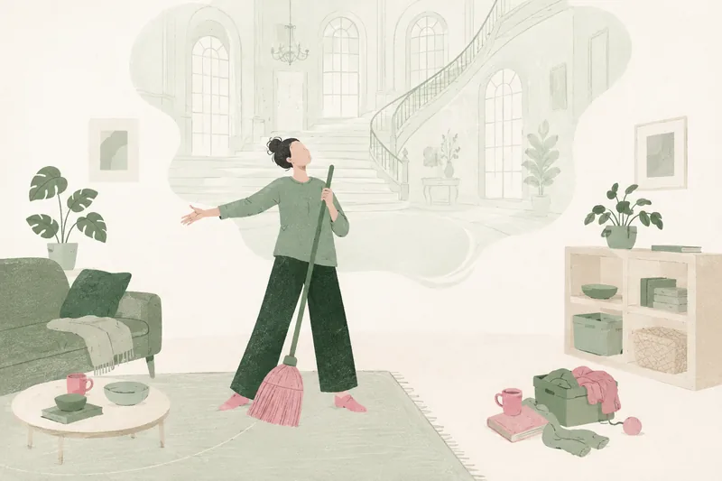 A person holding a broom like a stage prop, with a pale daydream of a grand hall and sweeping staircase rising behind them.