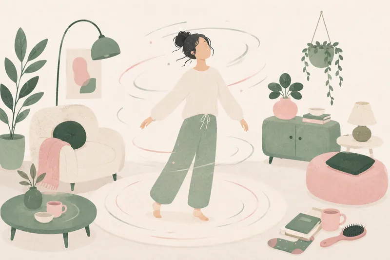 A person standing in the middle of a softly lit room with their eyes closed and gentle circular motion lines swirling around them.