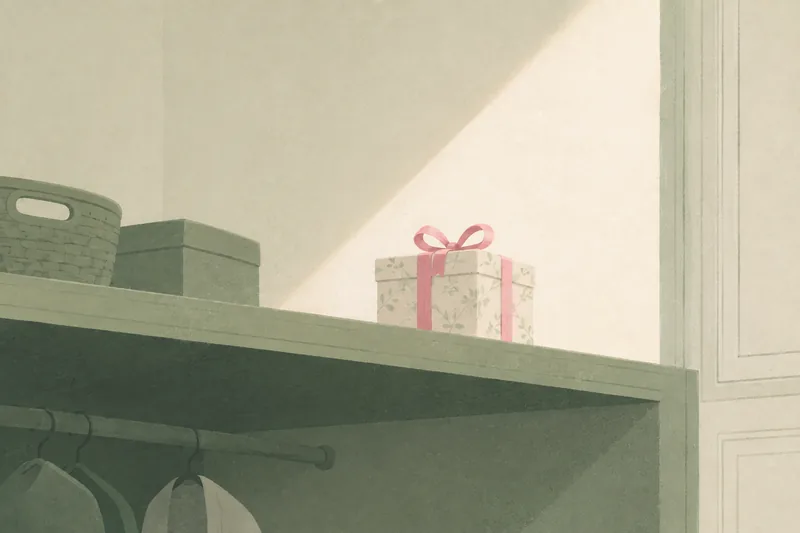 A single wrapped gift with a pink ribbon, resting alone on a high closet shelf in a shaft of warm light.